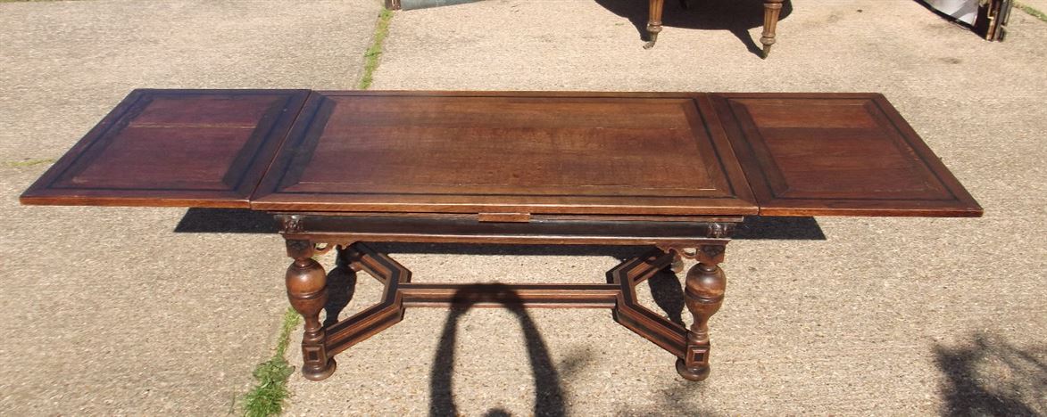 10ft Antique Oak Extending Refectory Table - 3 Metre Victorian Oak Drawleaf Refectory Table With Ebonising