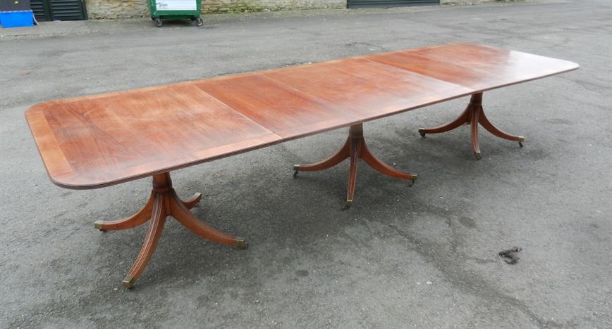 12ft Georgian Revival Mahogany Triple Pedestal Pillar Antique Dining Table 