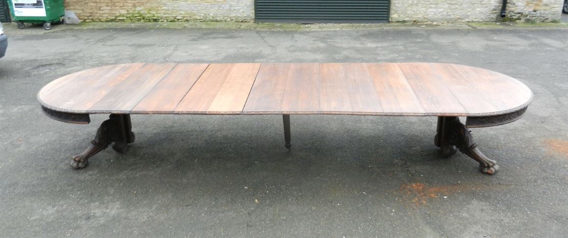 5 Metre Antique Oak Round Extending Table - 16ft Late Victorian Jacobean Carved Oak Round Extending Dining Table 