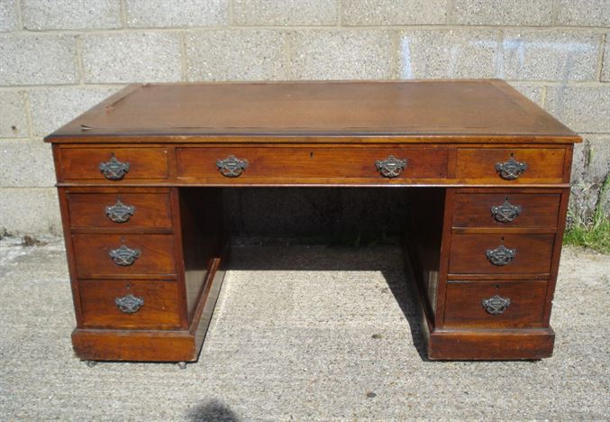 ANTIQUE FURNITURE WAREHOUSE - 5ft Antique Desk - Large Victorian 5ft Antique Desk - Large Victorian Walnut Pedestal Desk With Leather Inset - ANTIQUE FURNITURE WAREHOUSE - 5ft Antique Desk - Large Victorian