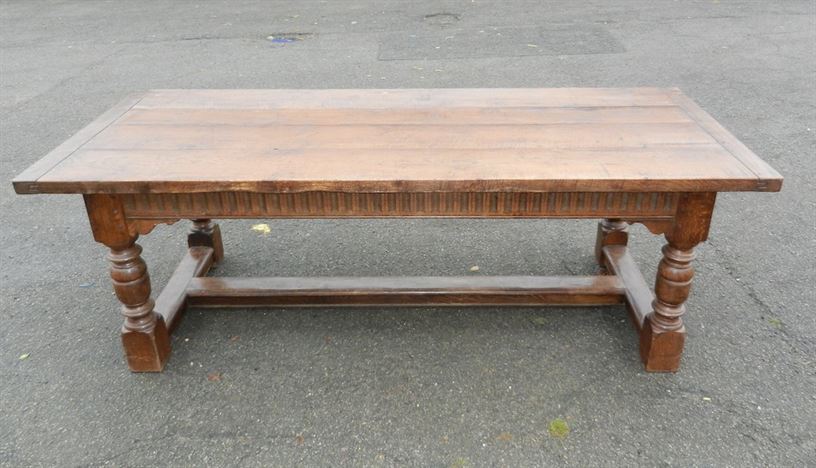 7ft Antique Oak Refectory Table - Jacobean Styled Revival Oak Plank Top Refectory Table