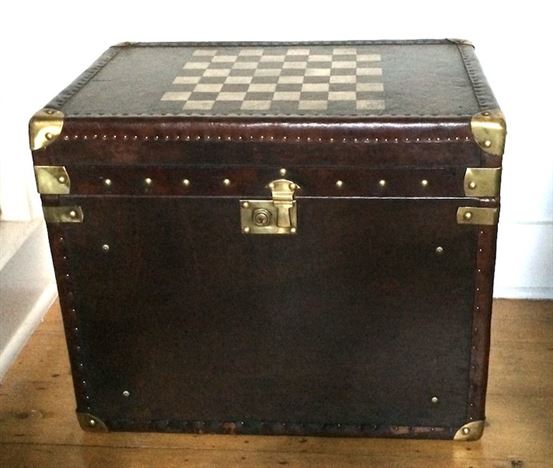 Leather Trunk Table With Chessboard Top & Brass Fittings