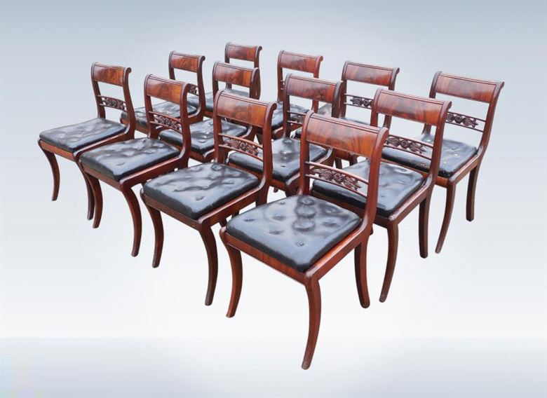 Antique Set 12 Regency Sabre Leg Dining Chairs