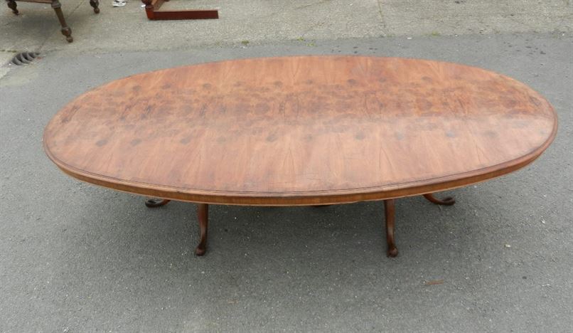 Huge Oval Formed Antique Table - 10ft Oval Burr Walnut Dining Table With Pedestal Bases