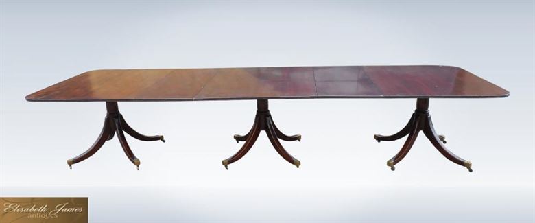Over 12ft Length Regency Revival Mahogany Antique Pedestal Dining Table To Seat 16 People