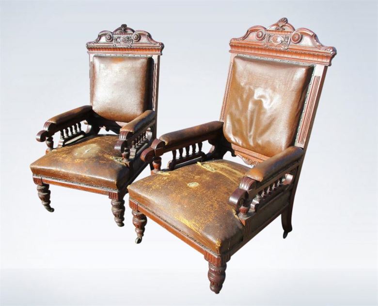 Pair Victorian Large Grand Hall Library Armchairs