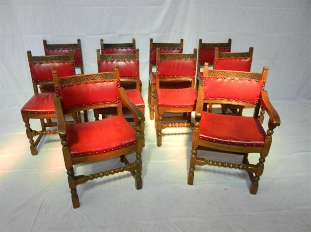 Set 10 Arts Crafts Oak Chairs - Set Of Ten Oak And Leather Upholstered Dining Chairs
