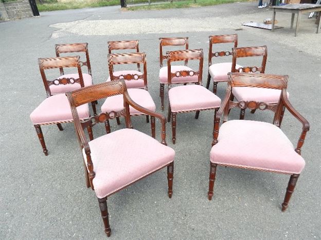 Set 10 Original Georgian Chairs - Set Ten Regency Period Mahogany Bar Back Chairs With Carvers