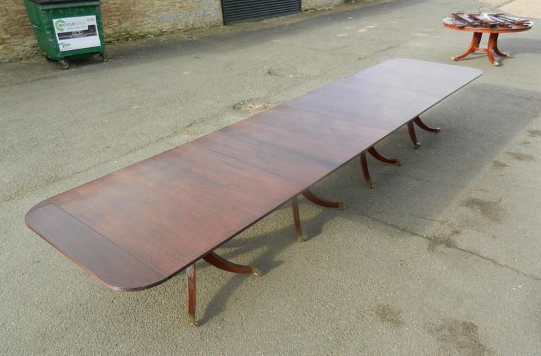 Very Impressive Large And Versatile Solid Mahogany Regency Revival Quadruple Pedestal Antique Dining Table