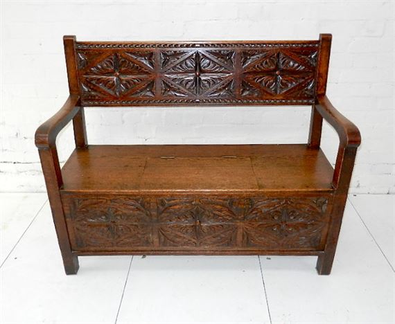 ANTIQUE FURNITURE WAREHOUSE - Victorian Oak Hall Settle 