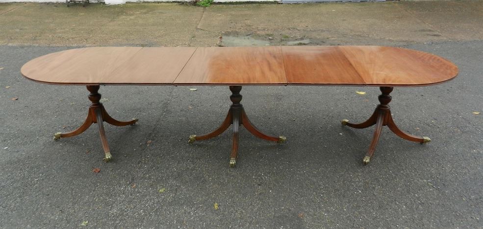Antique Georgian Pedestal Dining Table - 11ft Regency Revival Mahogany Triple Pedestal Dining Table