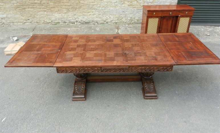 Antique Oak Drawleaf Refectory Table - Large Jacobean Carved Oak Tresle Pedestal Draweal Refectory Table