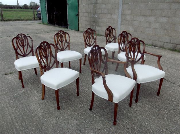 ANTIQUE FURNITURE WAREHOUSE - Antique Mahogany Dining Chairs - Set Antique Mahogany Dining Chairs - Set Eight 8 Georgian Hepplewhite Revival Mahogany Dining Chairs With Carvers - ANTIQUE FURNITURE WAREHOUSE - Antique Mahogany Dining Chairs - Set