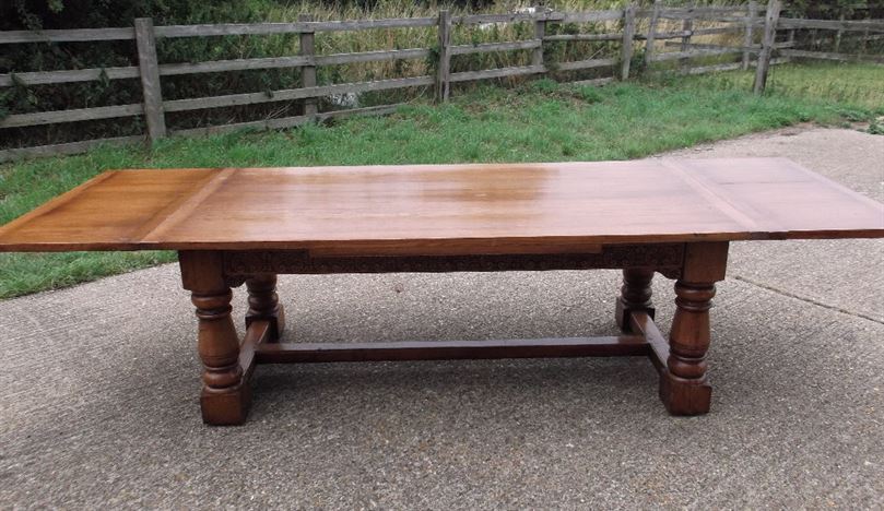 Antique Oak Refectory Table - Large 10ft Jacobean Revival Oak Drawleaf Refectory Table