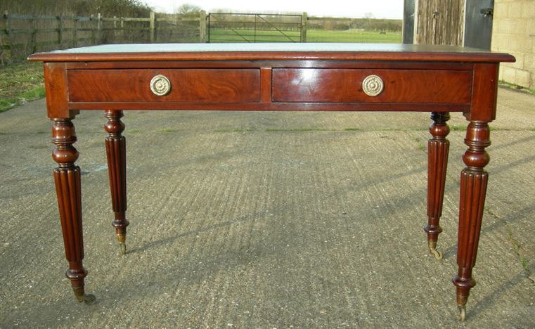 ANTIQUE FURNITURE WAREHOUSE - Antique Regency Writing Table - Early Antique Regency Writing Table - Early 19th Century Mahogany Writing Table On Reeded Legs - ANTIQUE FURNITURE WAREHOUSE - Antique Regency Writing Table - Early