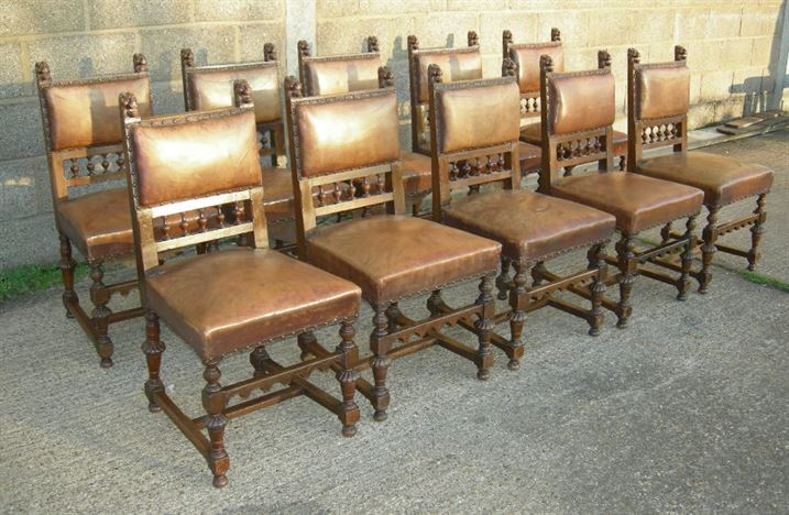 ANTIQUE FURNITURE WAREHOUSE - Antique Set 10 Oak Chairs 17th Century Antique Set 10 Oak Chairs 17th Century Style - 17th Century Revival Jacobean Set of 10 oak Dining Chairs with Leather Upholstery - ANTIQUE FURNITURE WAREHOUSE - Antique Set 10 Oak Chairs 17th Century