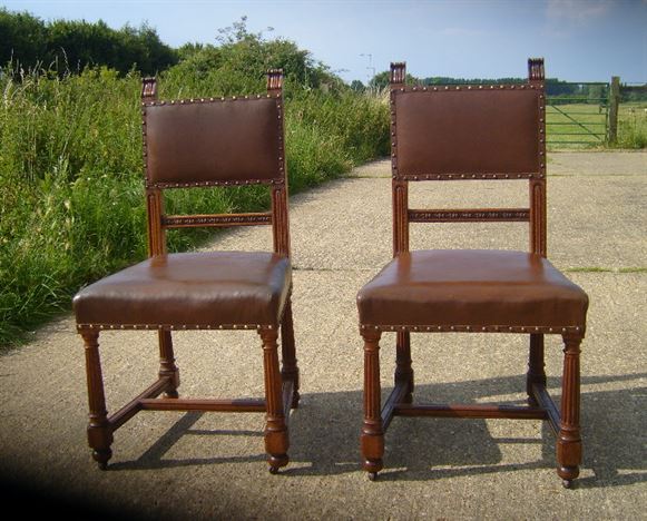 Antique Set 8 Dining Chairs - Set Of 8 Eight Victorian Oak And Leather Upholstered Dining Chairs