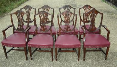 ANTIQUE FURNITURE WAREHOUSE - Antique Set Eight 8 Georgian Dining Antique set eight 8 Georgian Dining Chairs - Set of eight 8 Georgian mahogany dining chairs in the Hepplewhite style from late 19th Centur - ANTIQUE FURNITURE WAREHOUSE - Antique Set Eight 8 Georgian Dining