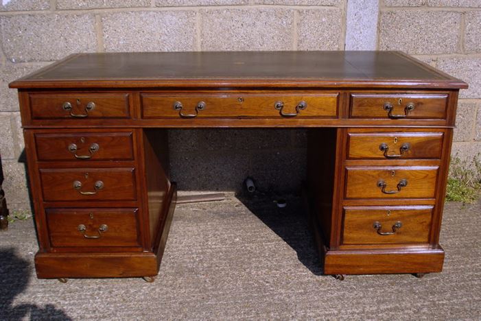 ANTIQUE FURNITURE WAREHOUSE - Antique Victorian 5ft Desk - Large Antique Victorian 5ft Desk - Large Georgian Design 5ft Victorian Pedestal Desk With Leather Inset - ANTIQUE FURNITURE WAREHOUSE - Antique Victorian 5ft Desk - Large