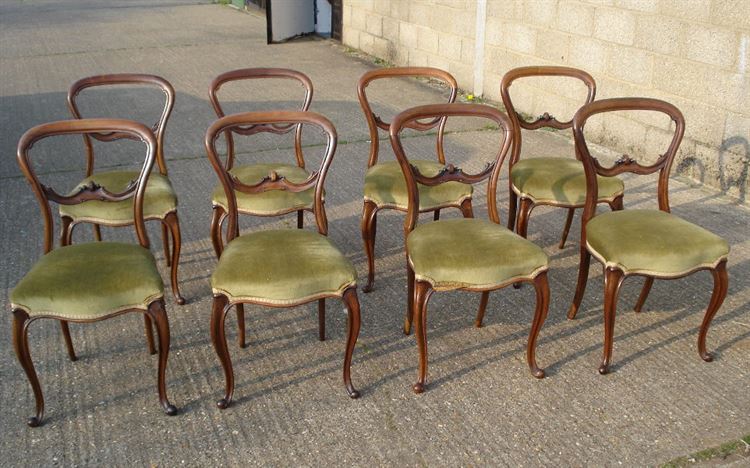 ANTIQUE FURNITURE WAREHOUSE - Antique Victorian Balloon Back Antique Victorian Balloon Back Chairs - Set of Eight 8 Early Victorian Rosewood Balloon back Dining Chairs on Cabriole legs - ANTIQUE FURNITURE WAREHOUSE - Antique Victorian Balloon Back