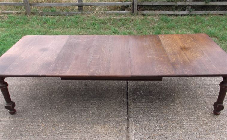 Large Antique Oak Table - Late Victorian Arts & Crafts 10ft Oak Three Leaf Extending Dining Table Seat 12 People