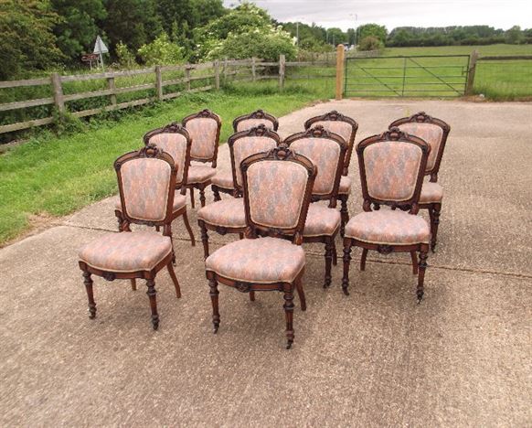 ANTIQUE FURNITURE WAREHOUSE - Large Set Of Antique Dining Chairs Large Set Of Antique Dining Chairs - Set Of 10 French Louis XVI Influence Late 19th Century Walnut Dining Chairs - ANTIQUE FURNITURE WAREHOUSE - Large Set Of Antique Dining Chairs