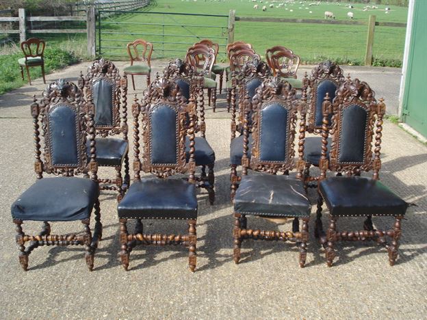 ANTIQUE FURNITURE WAREHOUSE - Large Set Of Antique Dining Chairs Large Set of Antique Dining Chairs - Set of 8 Eight Victorian Carolean Revival High Back Carved Oak Chairs - ANTIQUE FURNITURE WAREHOUSE - Large Set Of Antique Dining Chairs