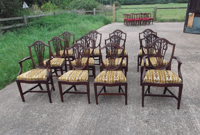 ANTIQUE FURNITURE WAREHOUSE - Large Set Of Antique Georgian Large Set of Antique Georgian Revival Dining Chairs - Set Of 12 Twelve Hepplewhite Georgian Revival Shield Back Dining Chairs - ANTIQUE FURNITURE WAREHOUSE - Large Set Of Antique Georgian