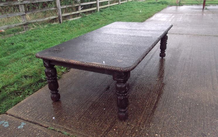 Large Victorian Oak Extending Dining Table - Late 19th Century 10ft Jacobeon Carved Oak Wind Out Dining Table  