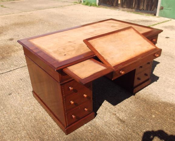 Original Victorian 5ft Mahogany Desk - Large Semi Partnered Victorian Mahogany Pedestal Desk With Turned Handles
