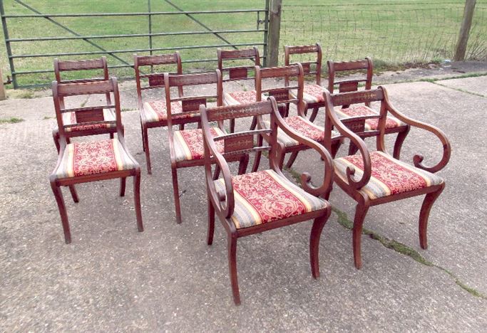Set 10 Georgian Dining Chairs - Set 10 Regency Revival Mahogany Dining Chairs With Bar Backs And Sabre Legs