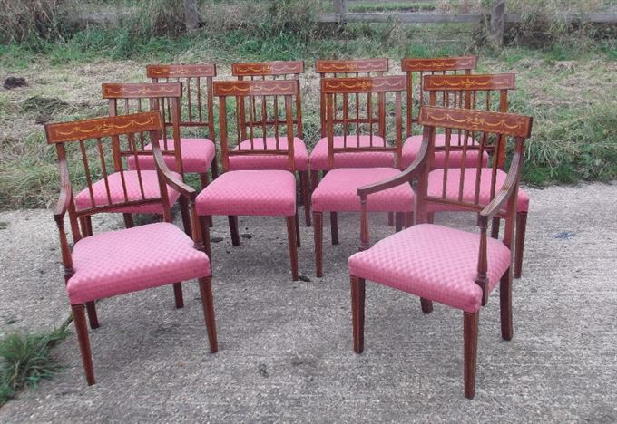 ANTIQUE FURNITURE WAREHOUSE - Set 10 Sheraton Dining Chairs - Ten Set 10 Sheraton Dining Chairs - Ten Sheraton Revival Mahogany And Inlaid Dining Chairs With Carvers - ANTIQUE FURNITURE WAREHOUSE - Set 10 Sheraton Dining Chairs - Ten