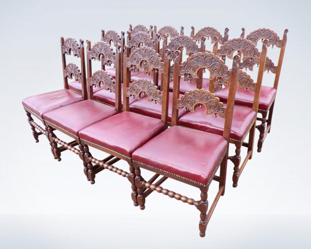 Set 12 Antique Carved Oak Refectory Chairs Jacobean Revival