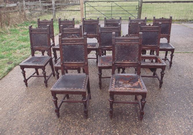 Set 12 Antique Gothic Oak Chairs - Set Twelve Victorian Carved Oak Frame And Leather Upholsted Refectory Chairs