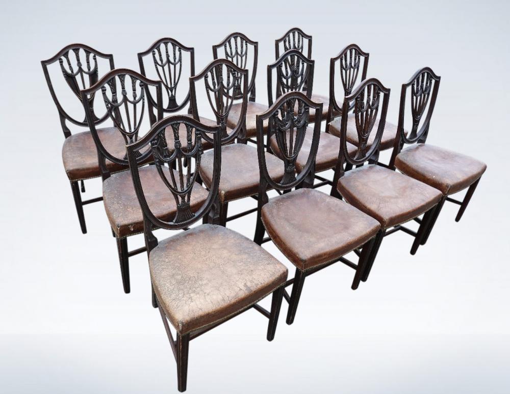 Set 12 Hepplewhite Antique Dining Chairs With Shield Backs