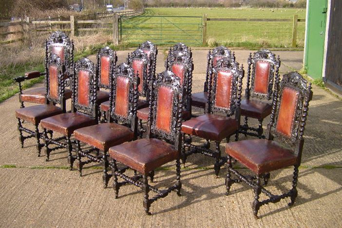 ANTIQUE FURNITURE WAREHOUSE - Set 14 Antique Jacobean Chairs - Set Set 14 Antique Jacobean Chairs - Set of 14 Fourteen 17th Century Jacobean Design Oak High Back Dining Chairs - ANTIQUE FURNITURE WAREHOUSE - Set 14 Antique Jacobean Chairs - Set