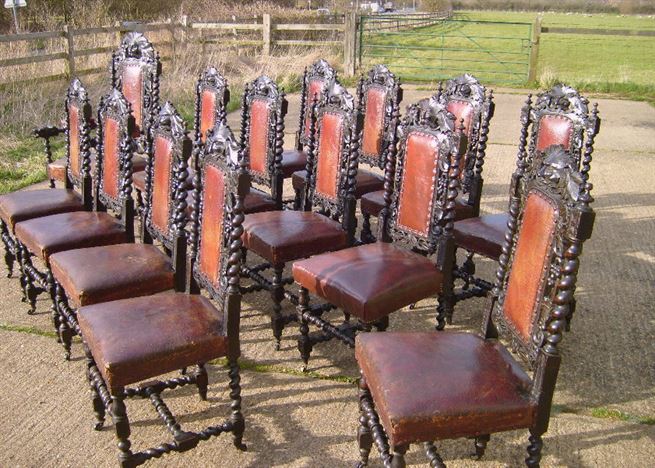 ANTIQUE FURNITURE WAREHOUSE - Set 14 Antique Jacobean Chairs - Set Set 14 Antique Jacobean Chairs - Set Of 14 Fourteen 17th Century Jacobean Design Oak High - ANTIQUE FURNITURE WAREHOUSE - Set 14 Antique Jacobean Chairs - Set