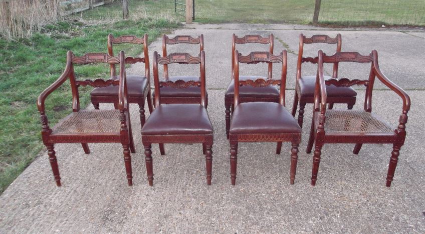 Set 8 Georgian Dining Chairs - Set Eight Regency Period Mahogany Bar Back Dining Chairs With Carvers
