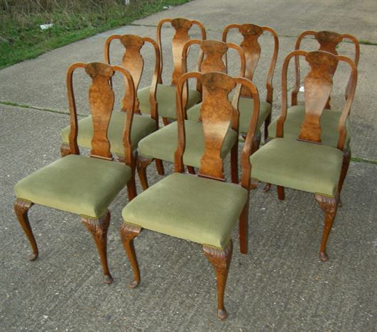 ANTIQUE FURNITURE WAREHOUSE - Set Of 8 Queen Anne Chairs - Set Of 8 Set of 8 Queen Anne chairs - Set of 8 eight Queen Anne walnut dining chairs - ANTIQUE FURNITURE WAREHOUSE - Set Of 8 Queen Anne Chairs - Set Of 8