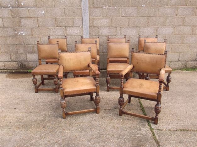 Set Ten Antique Oak Leather Chairs - Set 10 Oak And Leather Chairs, 8 Singles And 2 Carvers