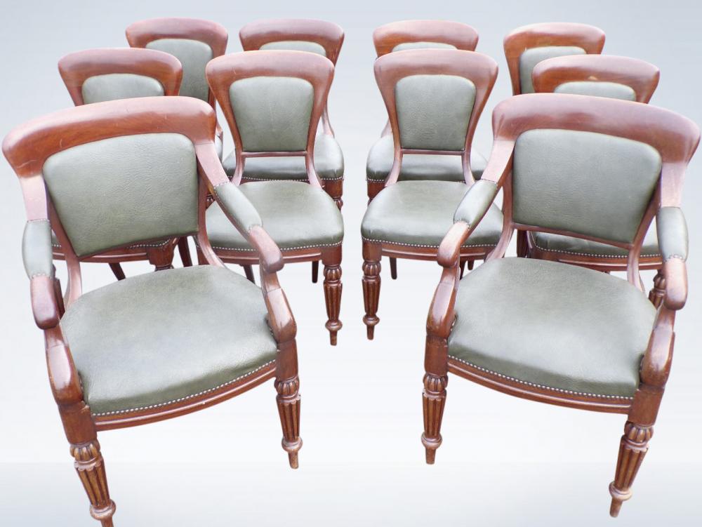 Set Ten Post Regency Mahogany Dining Chairs With Carvers
