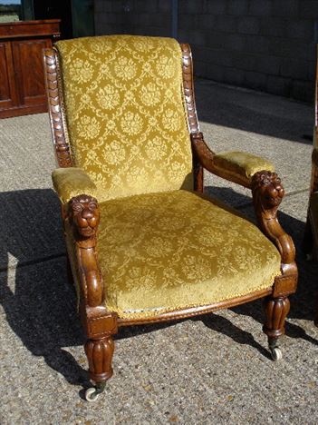 ANTIQUE FURNITURE WAREHOUSE - Stunning Pair Of Early Period Mahogany Stunning Pair Of Early Period Mahogany Library Chairs With Lions Head Arms - ANTIQUE FURNITURE WAREHOUSE - Stunning Pair Of Early Period Mahogany
